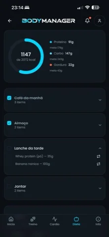 App do aluno: dieta do dia com macros e refeições marcadas