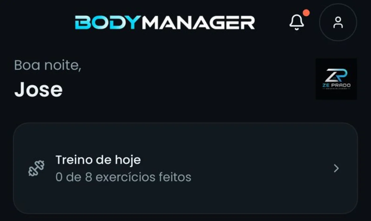 Início do app do aluno com o treino de hoje