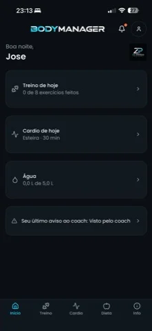 App do aluno BodyManager: treino e cardio do dia, água e avisos ao profissional
