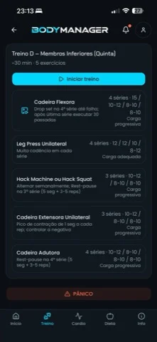 App do aluno: treino do dia com séries e botão de emergência